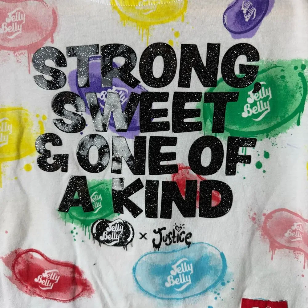 Vintage Justice Overalls & T-Shirt Jelly Belly Girls Size 7 Retro Rainbow Shorts